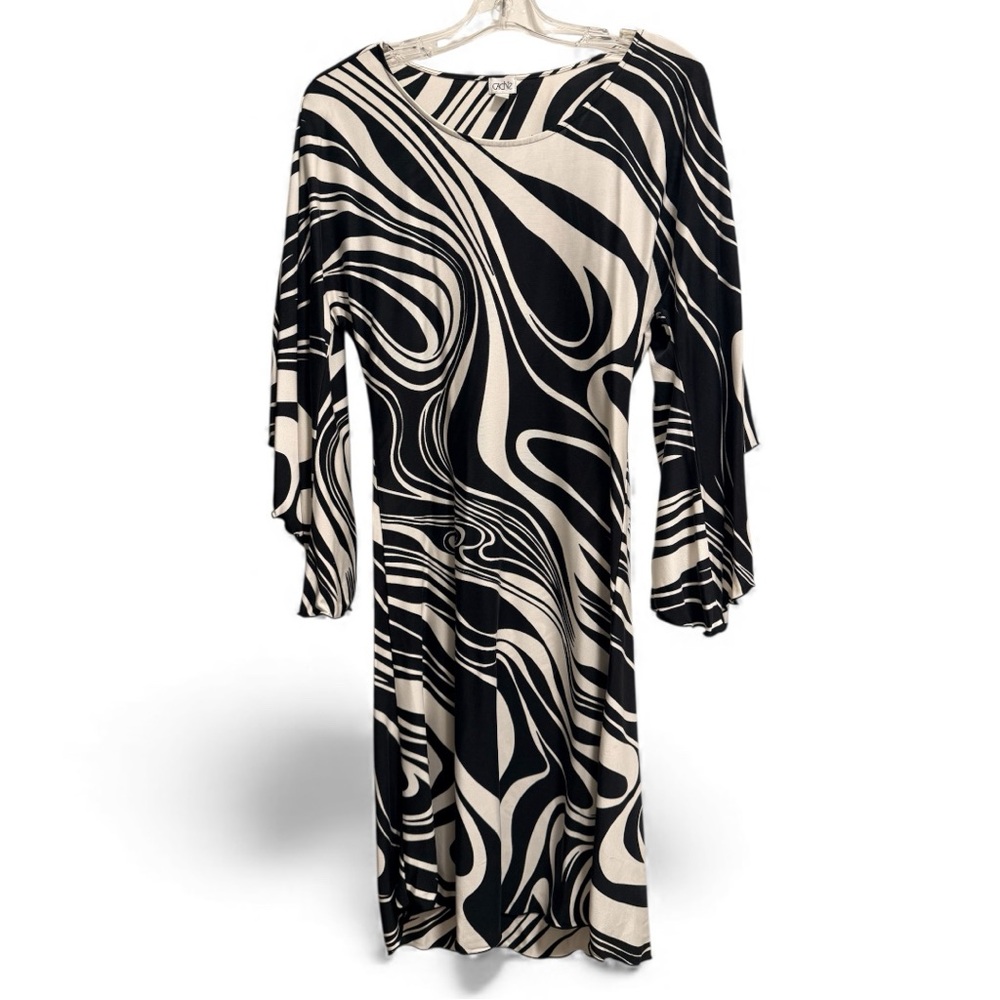 Y2K Cache 100% Silk Abstract Swirl Dress Bell Sleeves Size 8